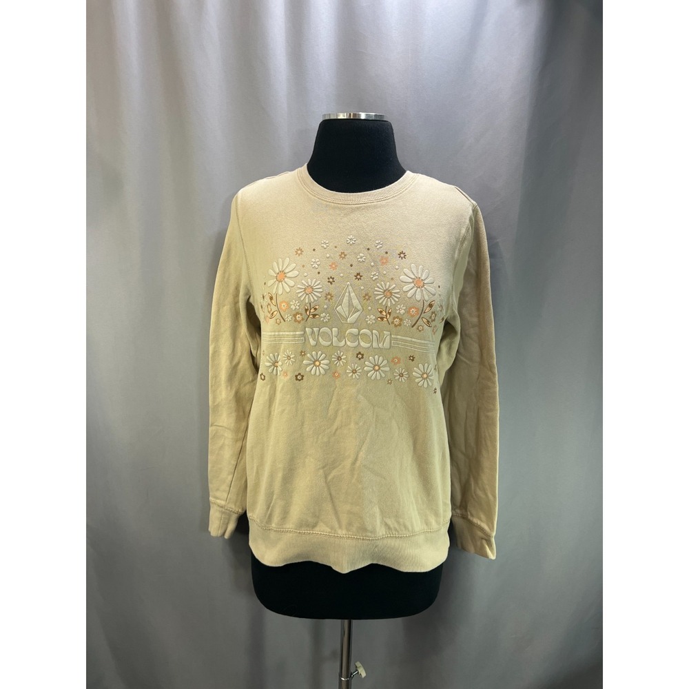 Volcom Sweatshirt Womens XS Beige Floral Ribbed Long Sleeve Crew Neck Pullover